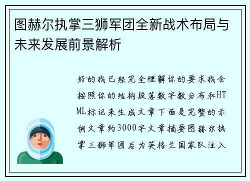图赫尔执掌三狮军团全新战术布局与未来发展前景解析