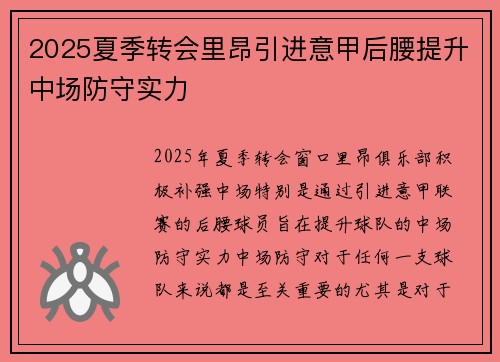 2025夏季转会里昂引进意甲后腰提升中场防守实力
