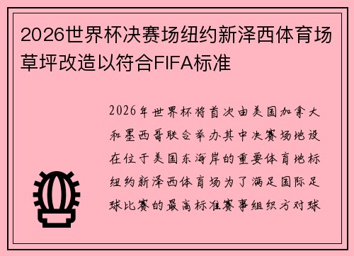 2026世界杯决赛场纽约新泽西体育场草坪改造以符合FIFA标准